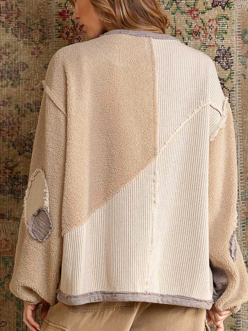 POL Patchwork Quarter Zip Pullover in Taupe and Beige - Size: Small - Picture 13 of 14